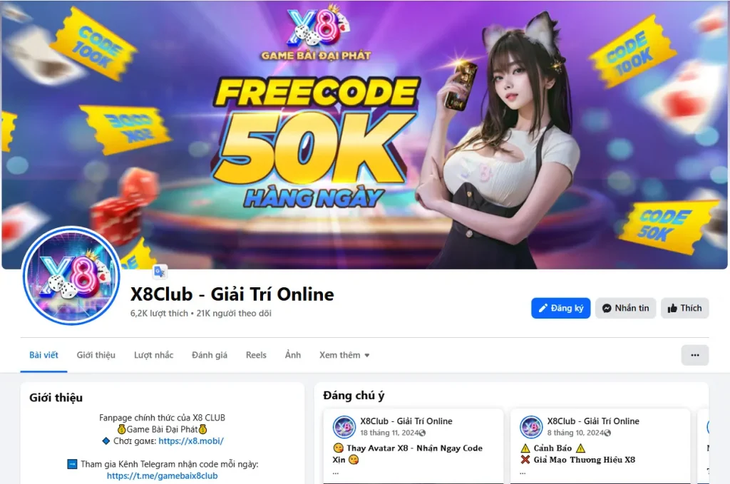 Truy cập Fanpage chính thức của X8 là X8Club - Giải Trí Online để nhận những thông tin mới nhất